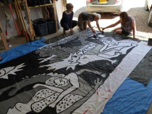 "Gaza = Guernica" - a 7 x 15 ft adaptation of Picasso's famous painting being prepared for the Aug 9th demonstration for Palestine.